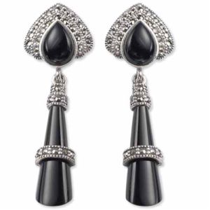 Pear Onyx Half Double Halo & Dangle Taper Baguette Onyx Marcasite Earring