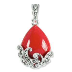 Pear Coral & Marcasite Scrollwork Overlay Pendant