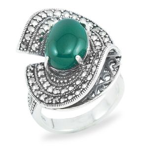 Statement Oval Agate with 3D Wavy Marcasite Halo Ring