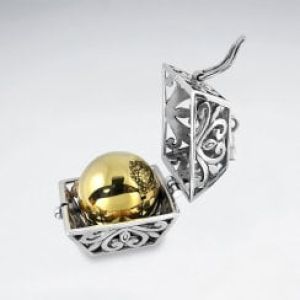Silver Filigree Box Pendant With Brass Chime Ball